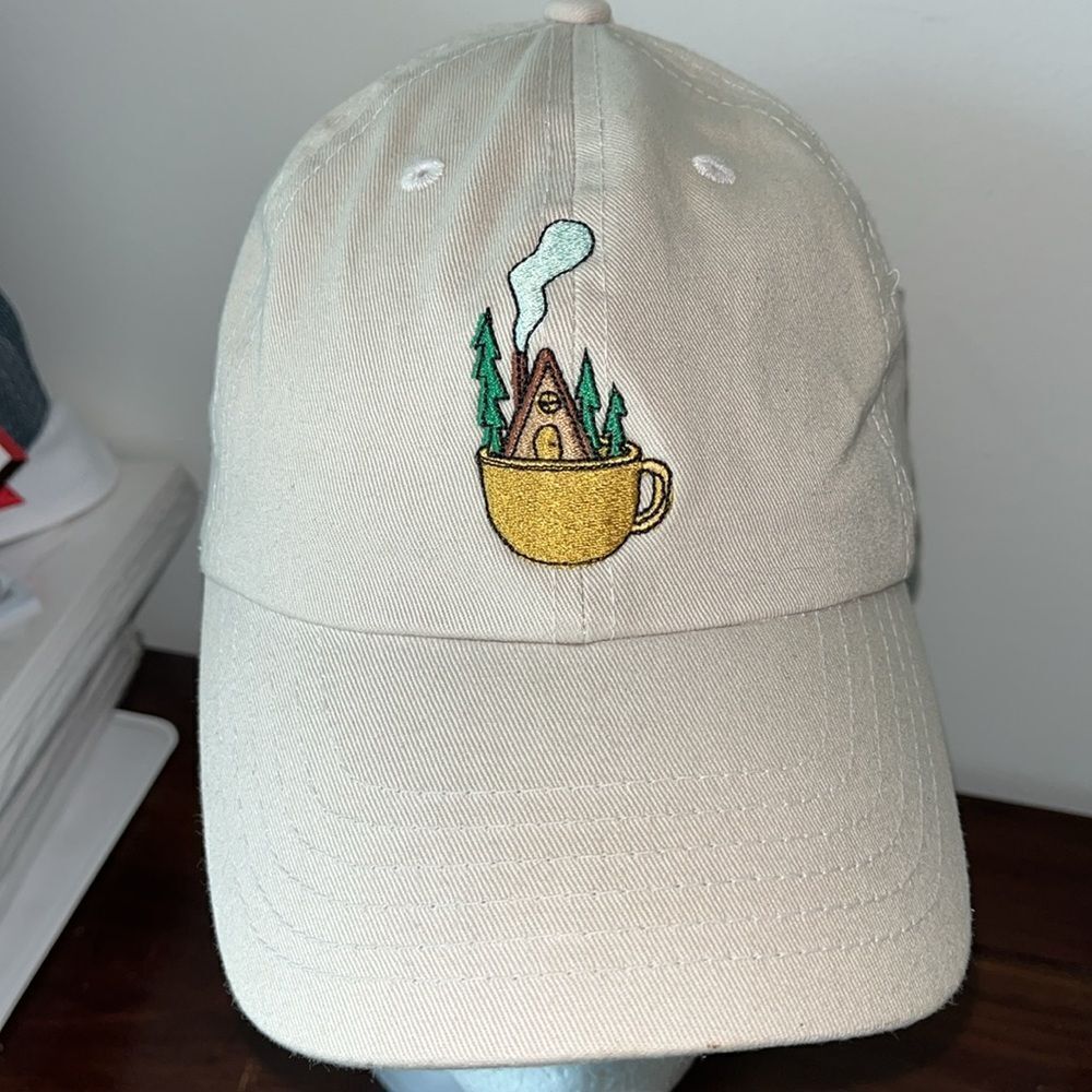 Cotton Coffee cup mountain chalet wooded forest baseball cap hat beige